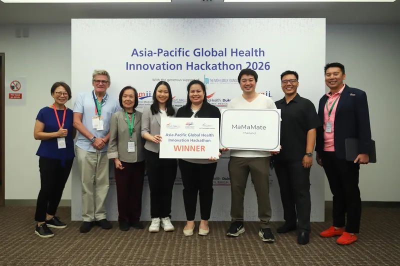 Team MaMaMate holding the Winner sign at the Asia-Pacific Global Health Innovation Hackathon 2026
